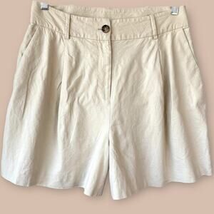 Alex Marie Linen Blend Pleated High Rise Wide Leg Bermuda Shorts Size 12 Neutral